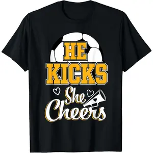 100% Cotton Soccer Mom He Kicks She Cheers Game Day T-Shirt