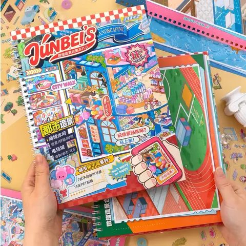 Junbei Cute City Sticker Book Gift Set - 8 Big Scenes DIY Kits, Scrapbook Decals, Paper Stickers for Stress Relief Crafting Collage Activity