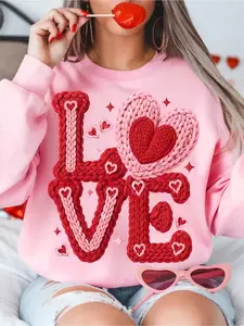 2026 Valentine's Day Women's Round Neck Light Heart Love Print Hoodie, Youthful Casual Style, Soft Cotton Blend Fabric, Ideal for Everyday Wear