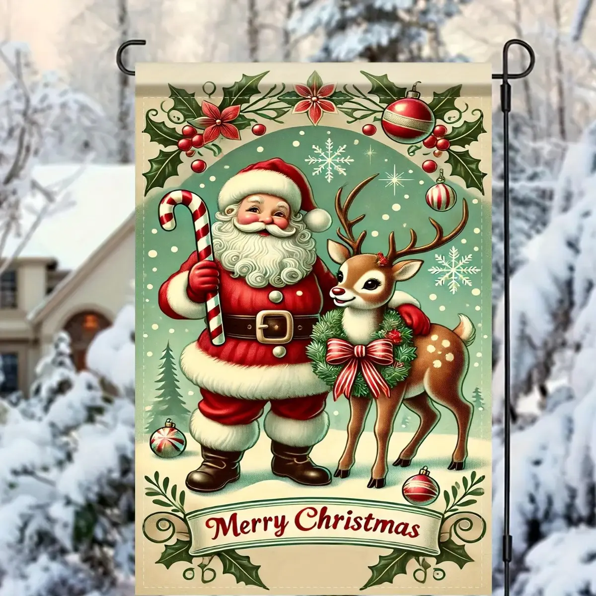 Santa Claus & Reindeer Christmas Garden Flag , Festive Outdoor Holiday Decor for Patio and Lawn, Durable Polyester, No Pole Included, for Winter Ornaments Decoration