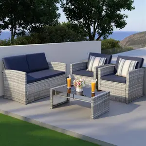 MURAGO 4-Piece Modern Outdoor Furniture Set, Restocked Wicker Patio Conversation Set with Matching Coffee Table, Sofa and 2 Chairs, Grey Rattan with Navy Blue Cushions, Modern Patio Set,summervibes