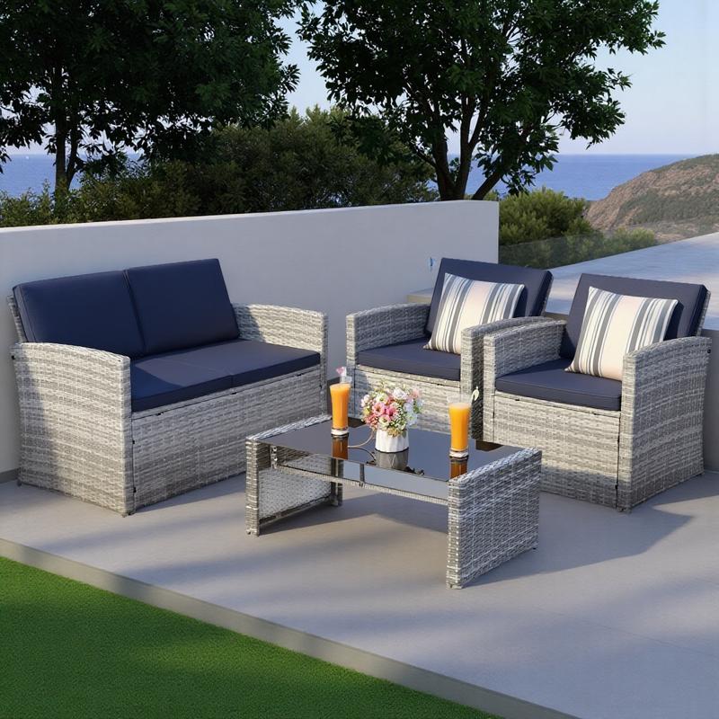 【Restock】Murago 4 PiecePatio Furniture Set, Wicker Outdoor Conversation Sets, Patio Furniture with Matching Wicker Coffee Table, Sofa, and 2 Chairs,Grey Rattan with Navy Blue Cushion