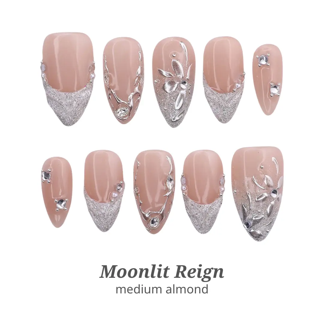 Lilynailsart | Nude Silver Chrome Press On Nails - 3D Floral Rhinestone Glitter Nails - Medium Almond Elegant Reusable Set