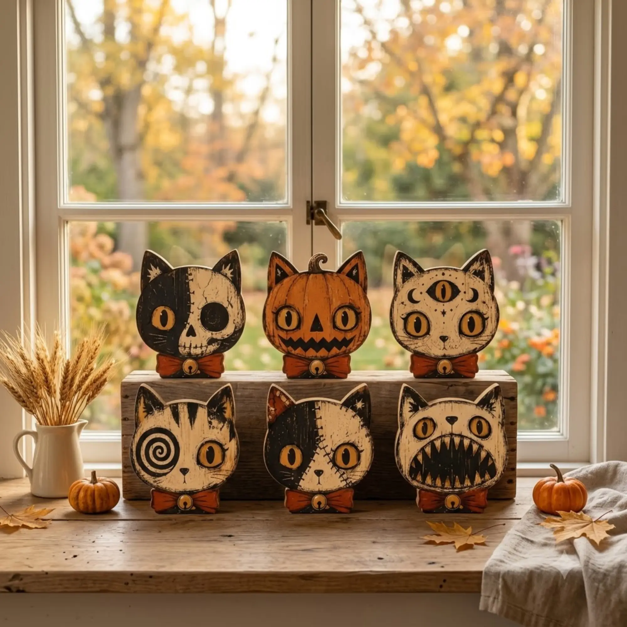 Retro Spooky Cat Wooden Blocks, Indoor Halloween Decor for Window Ledges, Tiered Trays, and Cozy Housewarming Presents