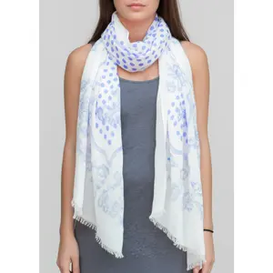 Blue Polka Dot Paisley Fringe Scarf