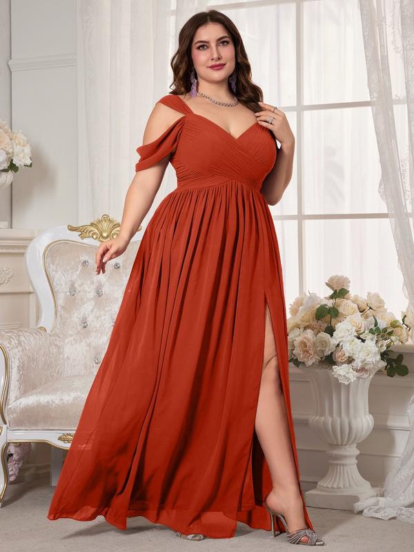 Elegant V Neck Backless Ruched Waist Chiffon Dress, High Slit Bridesmaid Gown, Pure Color Flowy A-Line, Perfect for Weddings