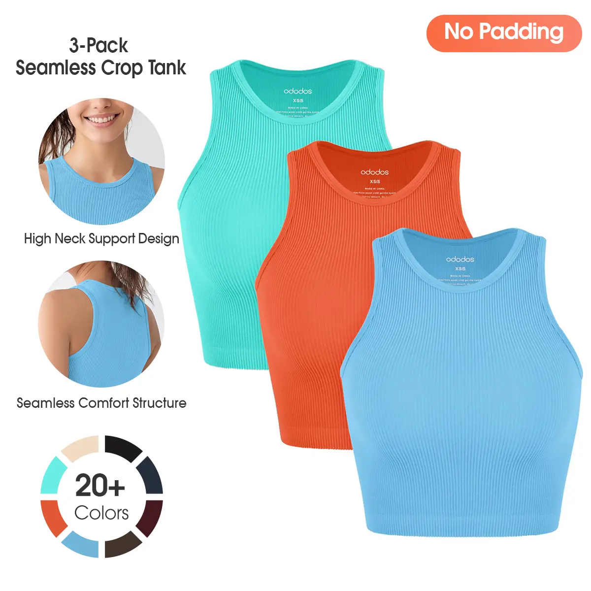 ODODOS 3-Pack Seamless Crop Tank (No Padding) for Women Ribbed Soft High Neck Cropped Tops,Cropped Length,Slim-fit Fabric