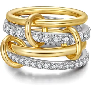 TLY Stackable Gold Rings for Women 18K Gold Plated Interlocking Ring Stack Set Gold Silver Mixed Metal Statement Rings Waterproof Dainty Cubic Zirconia CZ Fashion Connected Band Thumb Ring Size 4-11 Valentines Day Jewelry gifts