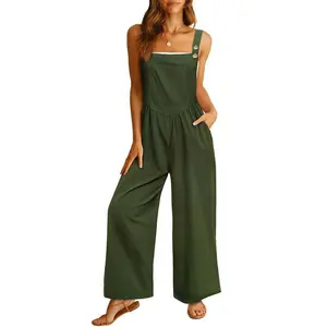 Women's Loose Sleeveless Jumpsuits Adjustable Straps Wide Leg Overalls with Pockets