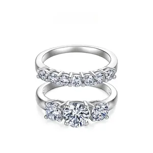 1CT Trilogy Moissanite Rings for Women Wedding Set D VVS1 3 Stones Stackable Band Golden Lab-Created Hypoallergenic Engagement Promise Anniversary Gift Fine Jewelry R1