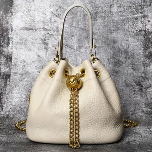 Ladies' First-Layer Cowhide Bucket Bag, Genuine Leather Handbags for Women with Gold-Colored Hardware, Chain-Studded Detachable Shoulder Strap, Contemporary Multifunctional Multi-Way Fashion Accessory, Multi-Way Women's Handbags