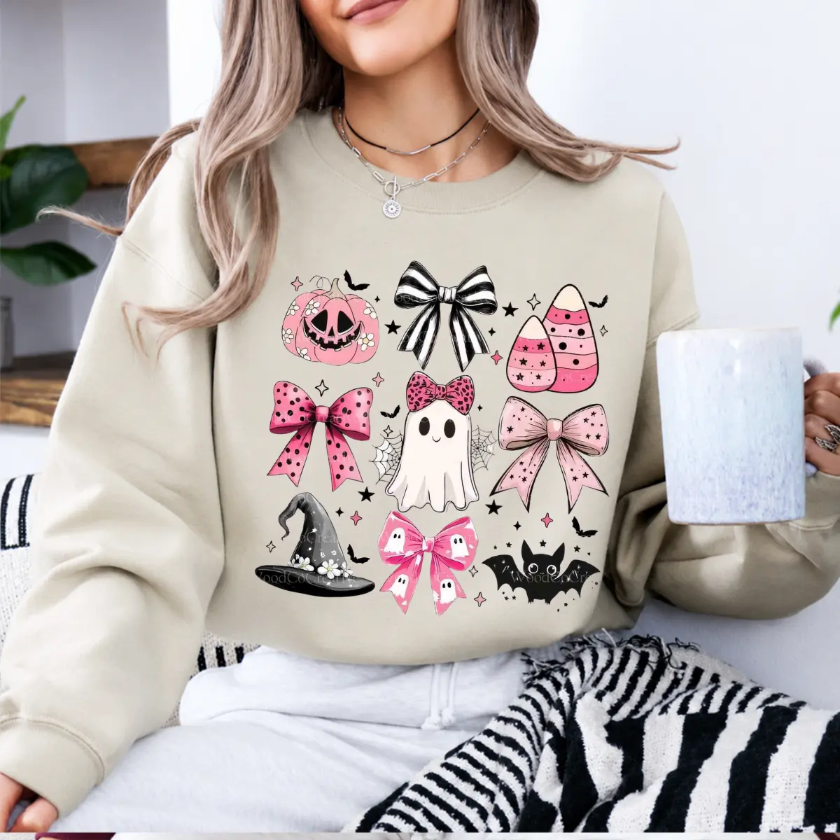 Pink Bow Ghost Halloween T-Shirt and Sweatshirt, Cute Pumpkin Candy Corn Witch Hat Graphic Tee, Coquette Spooky Season Shirt, Halloween Gift for Women - JACKSON HOAI STORE