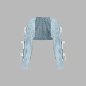 Cider [3 colors, size 0-10] Cable Knit Bowknot Long Sleeve Shrug