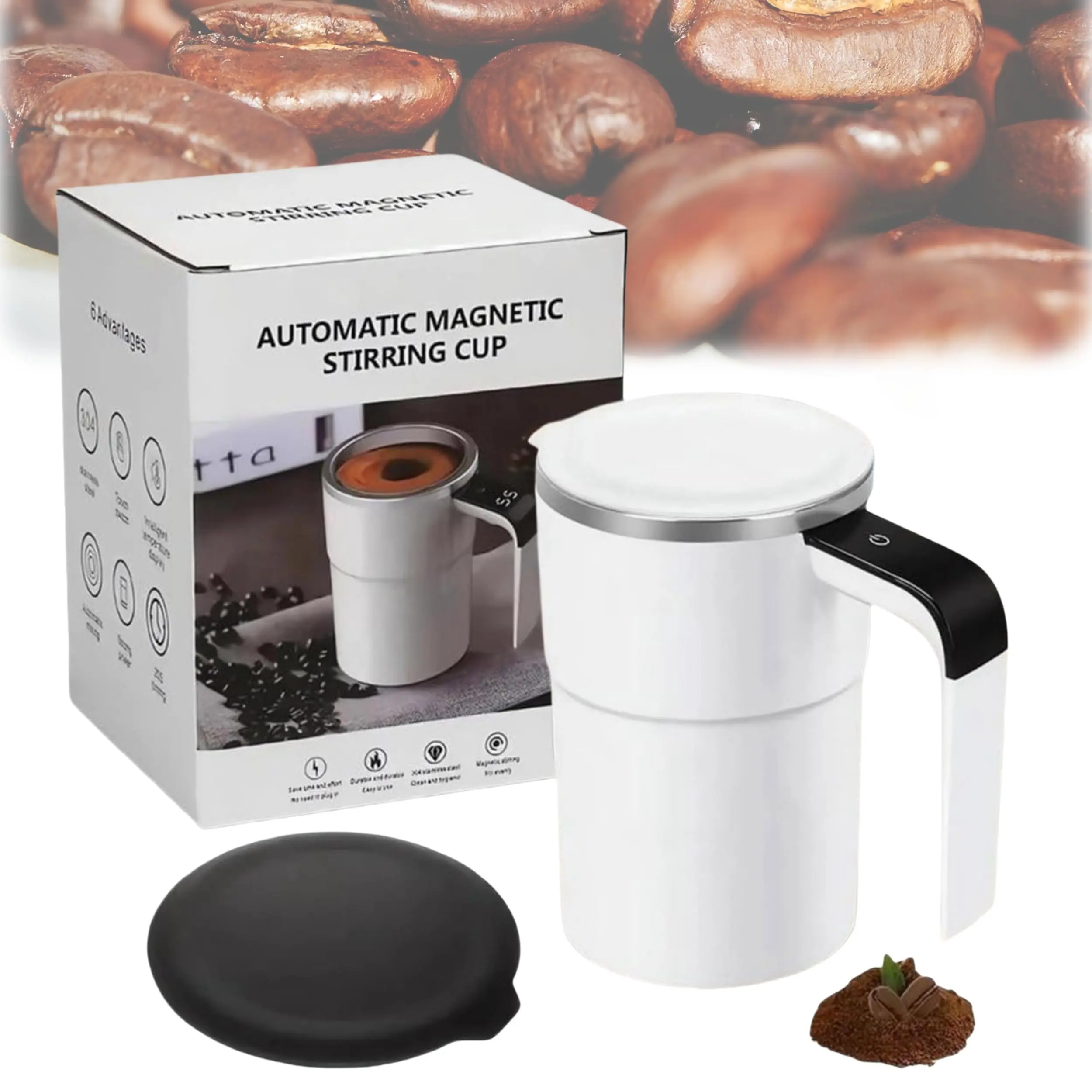 Self-Stirring Coffee Cup, Magnetic Stirring Cup, Self-Stirring Cup With Lid, Rechargeable Automatic Stirring Cup With LCD Temperature Display, 304 Stainless Steel Cup, Suitable For Coffee, Tea, Hot Chocolate (White, Black, 13 Oz)