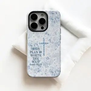 Light Blue Floral & Cross Smartphone Case - Christian God Jesus Saves Bible Verse Collage, Cellphone Handheld Accessories Shell for iPhone 11 12 13 14 15 16 17 Pro Max Air Plus