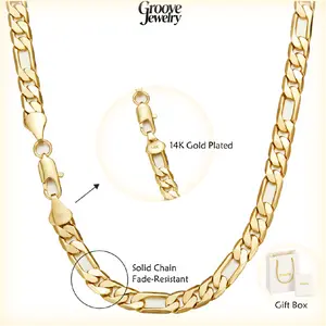14K Gold-Plated Figaro Cuban Link Chain Necklace 2mm–10mm, 20”/24”, Tarnish-Free, Shiny Layering Jewelry for Men & Women, Gift Ready miami hip hop