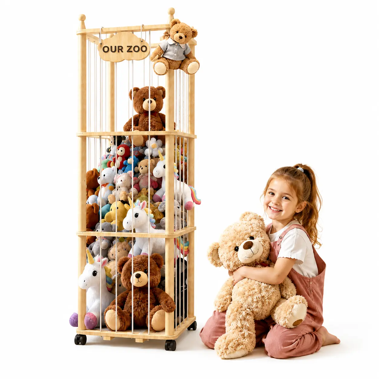 Stuffed Animal Storage, Wooden Stuffed Animal Holder with Brake Wheels, Plush Toy Storage with Elastic Bands, Extra Large Toy Organizer and Display Cage for Nursery, Bedroom, Playroom#tiktokshopbacktoschool