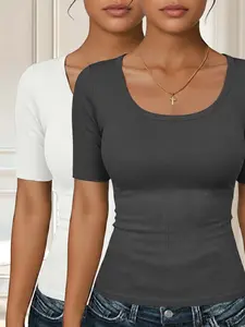 Women's U Neck Short Sleeve Knitwear Set, Casual Basic Tops, Womenswear, Elegant Solid Color Design, Perfect Fit Everyday All Season Wear, Ideal Gift Choice, Clothes