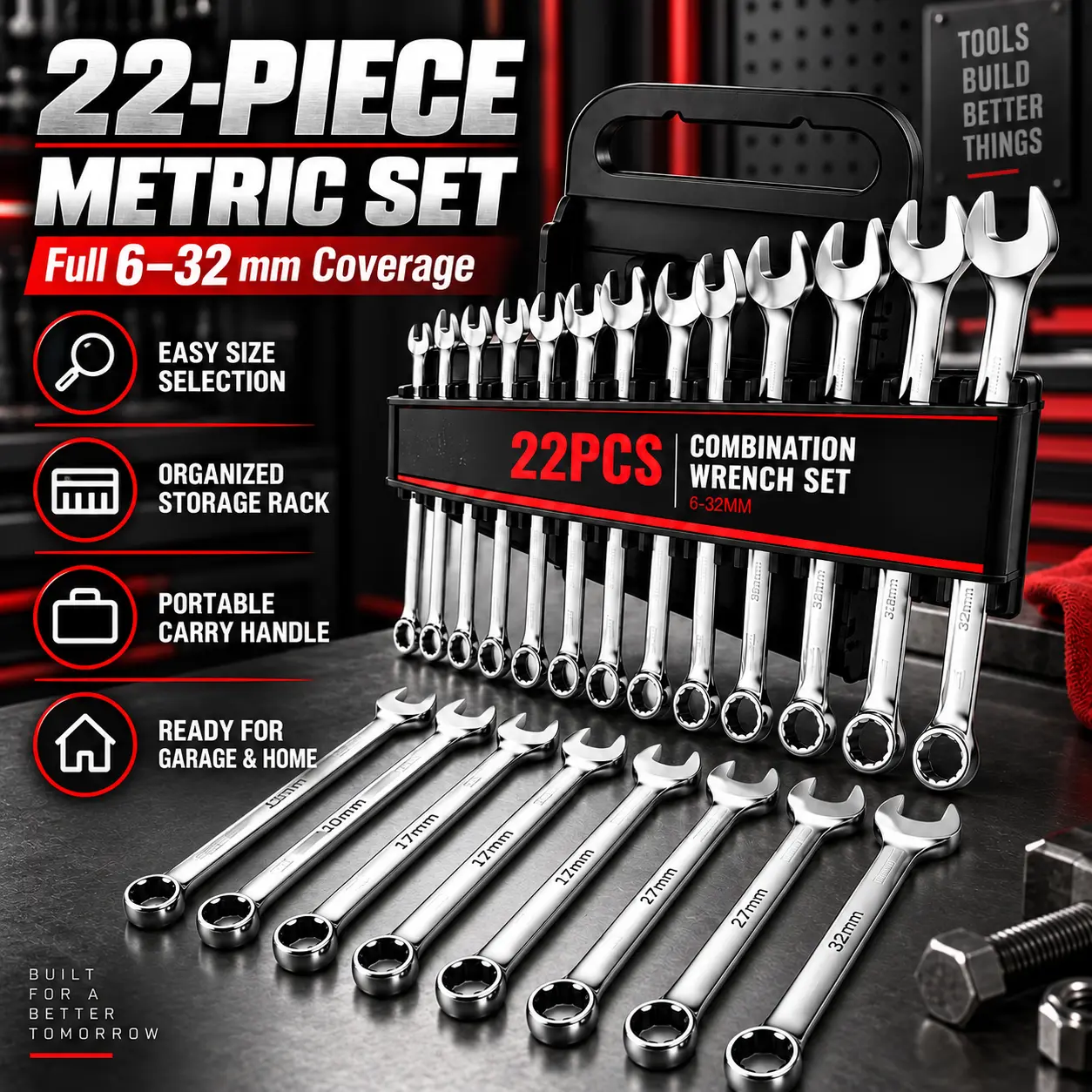 OuDiSi  22PCS Combination Wrench Set 6-32mm, Chrome Plated Open & Box End Spanner Kit with Organizer Storage Tray for Auto Repair Mechanical Maintenance Home DIY 14 in 1 motor variable speed brushless