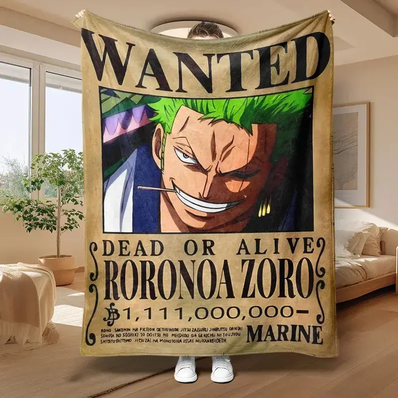 Zoro Bounty Figure Print Flannel Throw Blanket - Retro Wanted Text Character Art,Design, Soft & Comfortable, Ideal for Bedroom, Home Use, Character Art Blankets, Graphic Character Blankets Holiday Decor Christmas and Halloween and Birthday