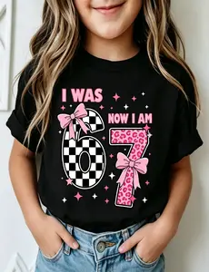 67 Shirt, 7 Years Old Birthday I Was 6 Now I'm 7 6 7 Funny Kids Girls T-Shirt - Adorable Cartoon Print, Soft & Skin-Friendly, Comfortable Round Neck, Stylish & Versatile, Machine Washable - Unisex Summer Outfit For Boys & Girls