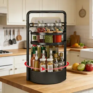 2 Tier Rotating Spice Rack with Paper Towel Holder, Height Adjustable Lazy Susan Organizer for Kitchen Countertop and Cabinet, 360 Degree Metal Turntable Seasoning Rack for Spices, Olive Oil, Snacks and Condiment Bottles, Rust-Resistant and Easy to Clean