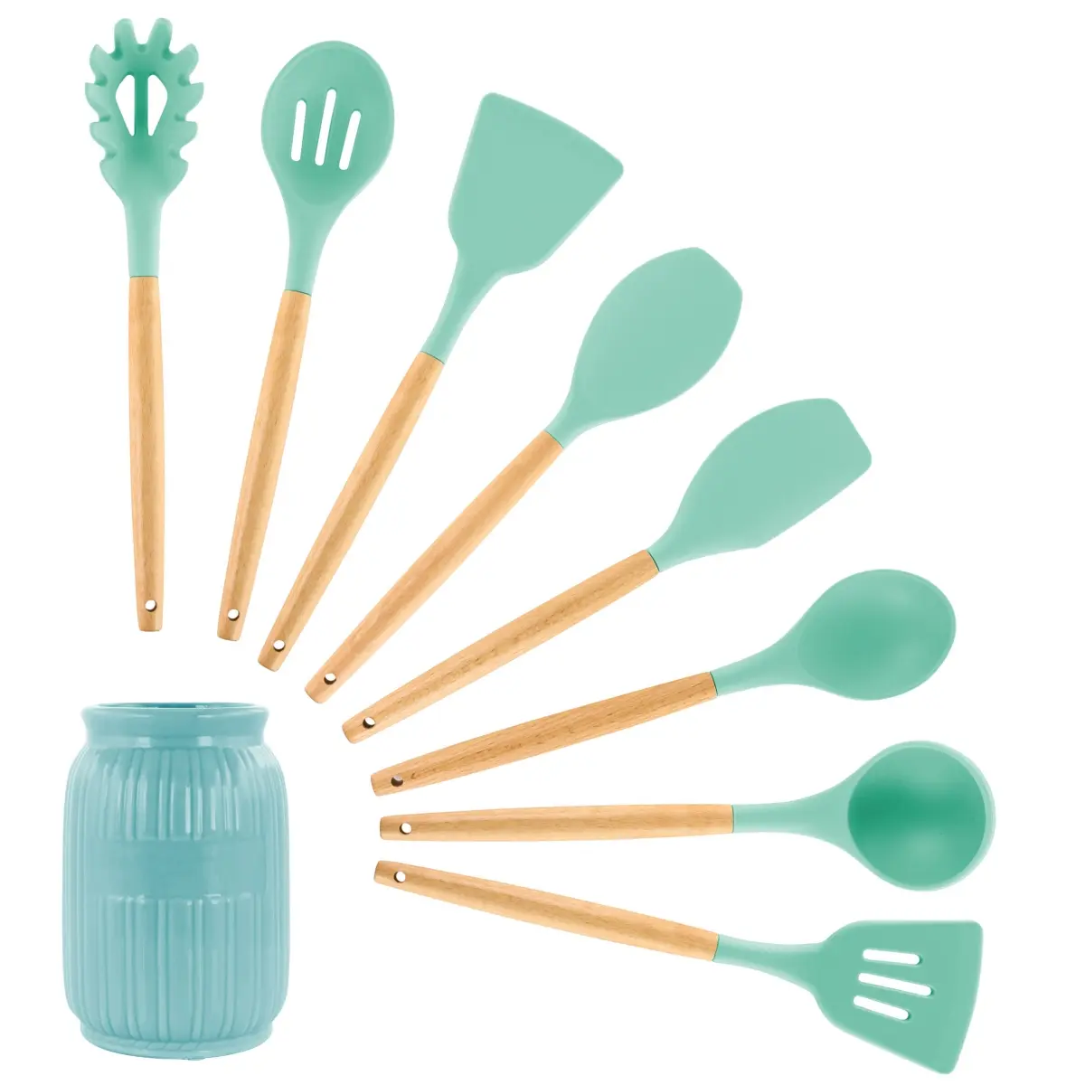 MegaChef MGSP-455 Scratch-Free Wooden & Silicone Cooking Utensils Set - 9-Piece Mint Green Set with Whisk, Set Of 9