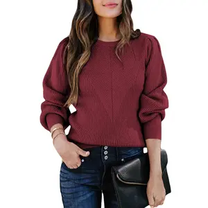 Dokotoo Womens Ribbed Knit Long Lantern Sleeves Sweater Crewneck Casual Slim Fit Pullover Jumper Tops