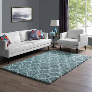 Modway Solvea Moroccan Trellis 5x8 Shag Area Rug in Aqua Blue and Ivory