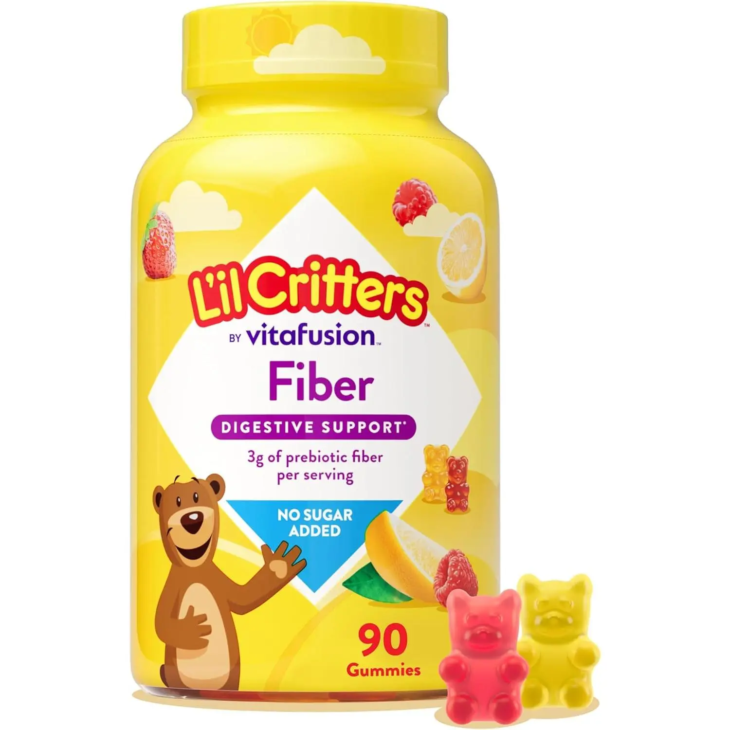 L'il Critters Kids Sugar-Free Edible Fiber Gummy Bears - Children's Digestive Aid Vitamin Supplement, ChefsBest Award Winner, 90 Pieces, Zero Sugar Gut Health Gummies Vitamins Supplements