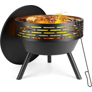 23 Inch Cast Iron Round Fire Pit with Grill, 3-in-1 Outdoor Fire Bowl, Fire Pit Table with Metal Lid and Fire ,   Firepit for BBQ Bonfire Patio Picnic