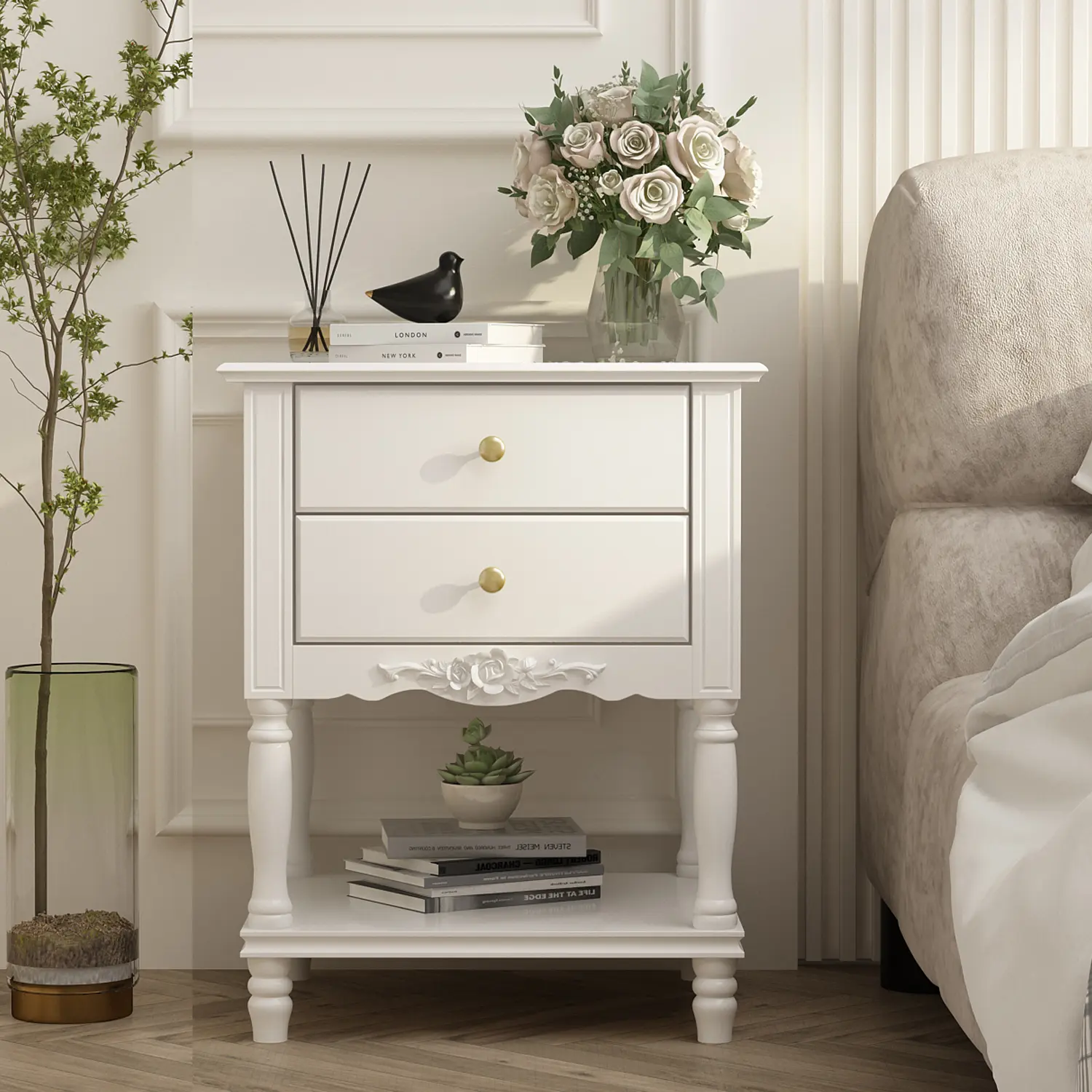 FUFUGAGA Vintage Wooden Nightstand 2 Drawers Bottom Shelf, Elegant Bedside Table End Side Table for Bedroom, White (19.7”W x 16.9”D x 25.2”H) Apartment Furniture