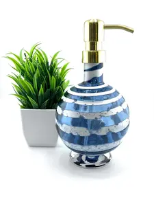 Boho Handblown Glass Soap Dispenser – Steel Blue with Distressed White Spiral