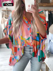 Summer Colorful Abstract Geometric Print Half Bubble Sleeve Loose Collared Shirt Blouse, Women's Casual Fashion Top, Comfortable and Stylish, Womenswear