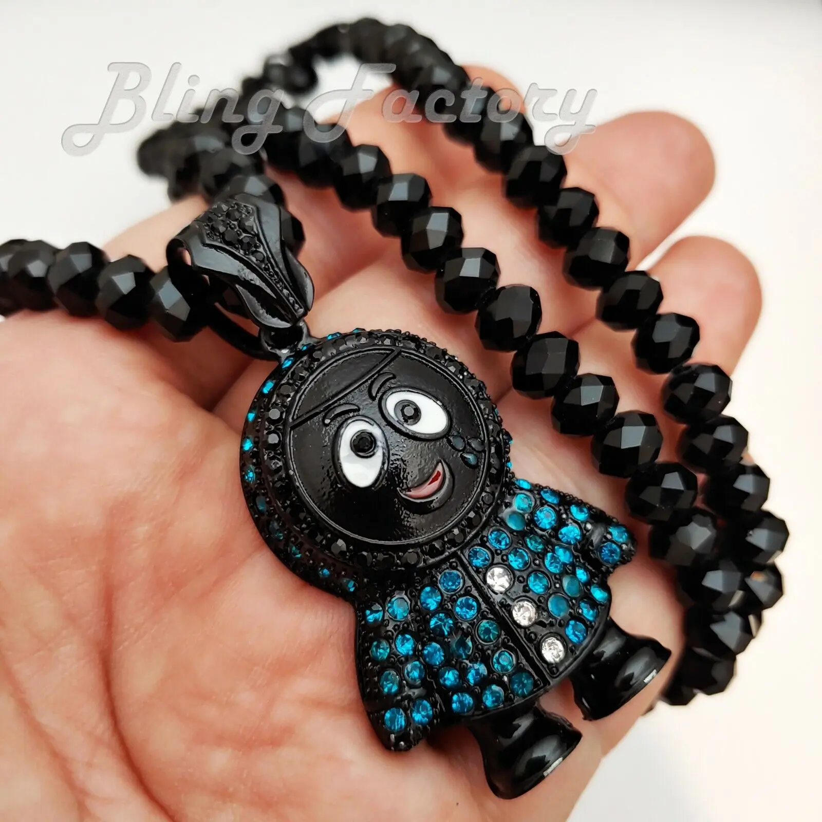 MaxBling81 Iced Eskimo Snowman Pendant Necklace - 8mm Beads, 24 in Jet Plated Black Chain, Unisex Casual Wear Hip Hop Costume Jewelry Accessory