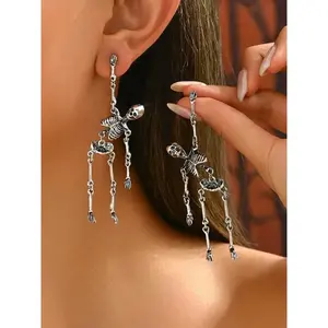 Gothic Punk Skull Dangle Earrings, Silver Color Plated, Vintage Style Halloween Witchy Jewelry for Women, Party & Daily Wear Accessory