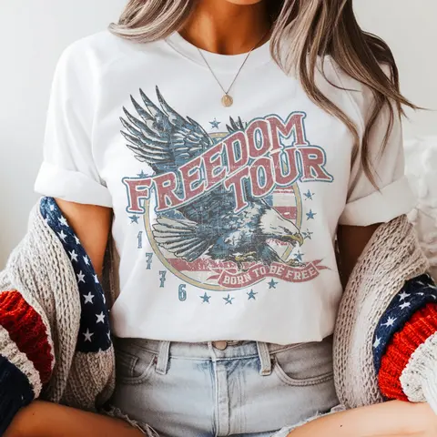 Vintage USA Tees Freedom Tour Eagle Tshirt America 1776 Patriotic T-Shirt 4th of July Stars and Stripe Top Unisex Crewneck Womenswear Shirt Vintage Sublimation Print Independence Tee