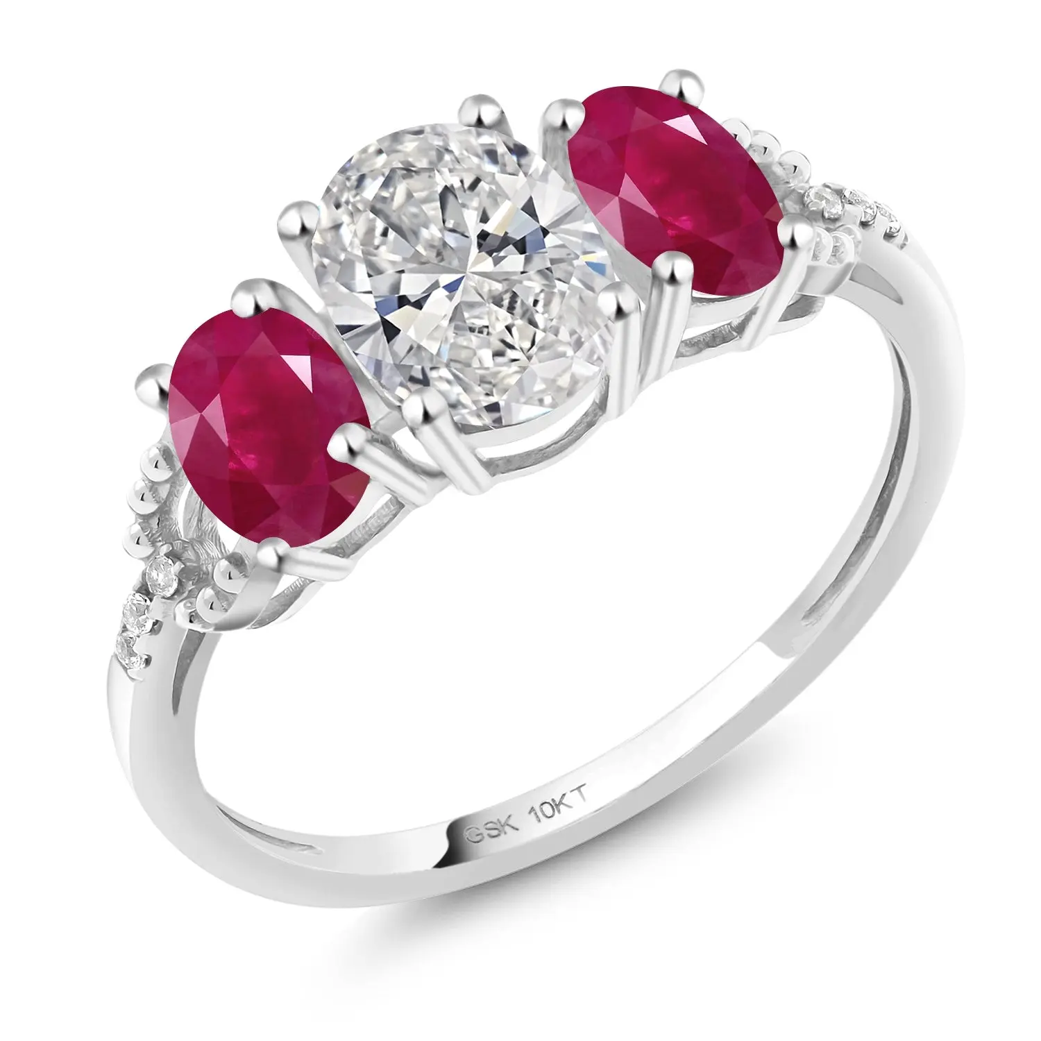 Gem Stone King 10K White Gold IGI Certified Lab Grown Diamond and Red Ruby 3-Stone Engagement Ring | 2.22 Cttw | Center Oval Diamond 1.00 Ct | D-E Color | VS1-VS2 Clarity