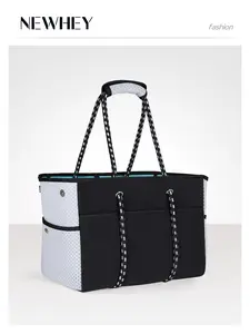 30L/45L NEOPRENE BEACH TOTE BAG WATERPROOF LIGHTWEIGHT NEOPRENE TRAVEL TOTE WITH MULTIPLE POCKETS & REMOVABLE BASE, BLACK, Beach Bags