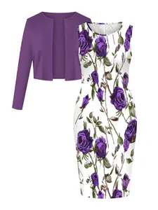 Women's Plain Open Front Crop Long Sleeve Outwear & Floral Print Dress Two-piece Set, Elegant Chic Fashion Casual Two Piece Outfits for Daily Outdoor Wear, Women Clothing for Spring & Fall, Womenswear