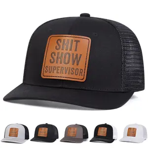 Unisex Letter Brown Pu Leather Patch Baseball Cap Mesh Hat Outdoor Sport Adjustable Sunscreen Leisure Hat Spring Autumn Travel Beach Vacation