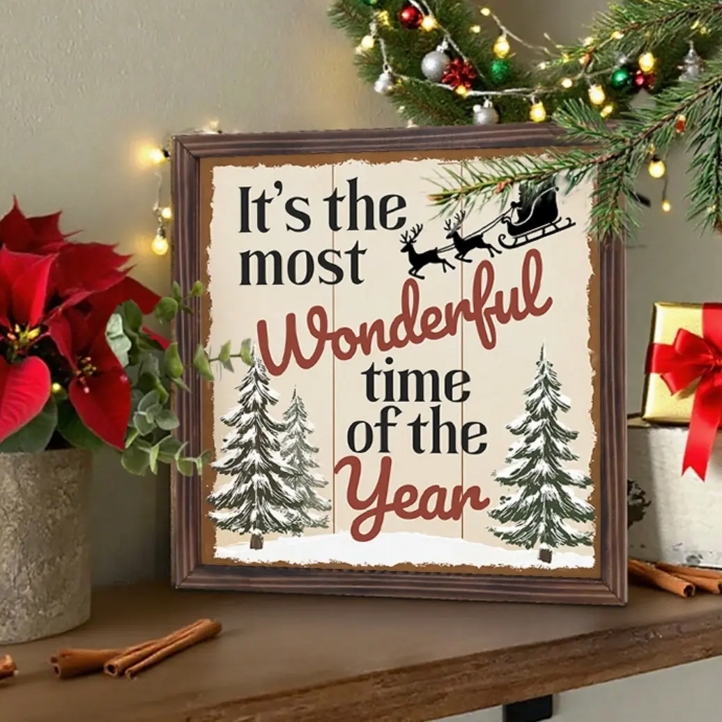 Vintage Christmas Frame Painting 8in, It's the most wonderful time of the year Text, Holiday Home Decor, Wall Art, Shelf Decoration, Desktop Ornament, Gifts