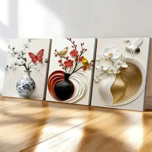 3-Pack Wood Frame Canvas Art Posters, Abstract Botanical Print, Elegant Floral Vase Decor, Modern Living Room Wall Art, Waterproof Home Office Decoration