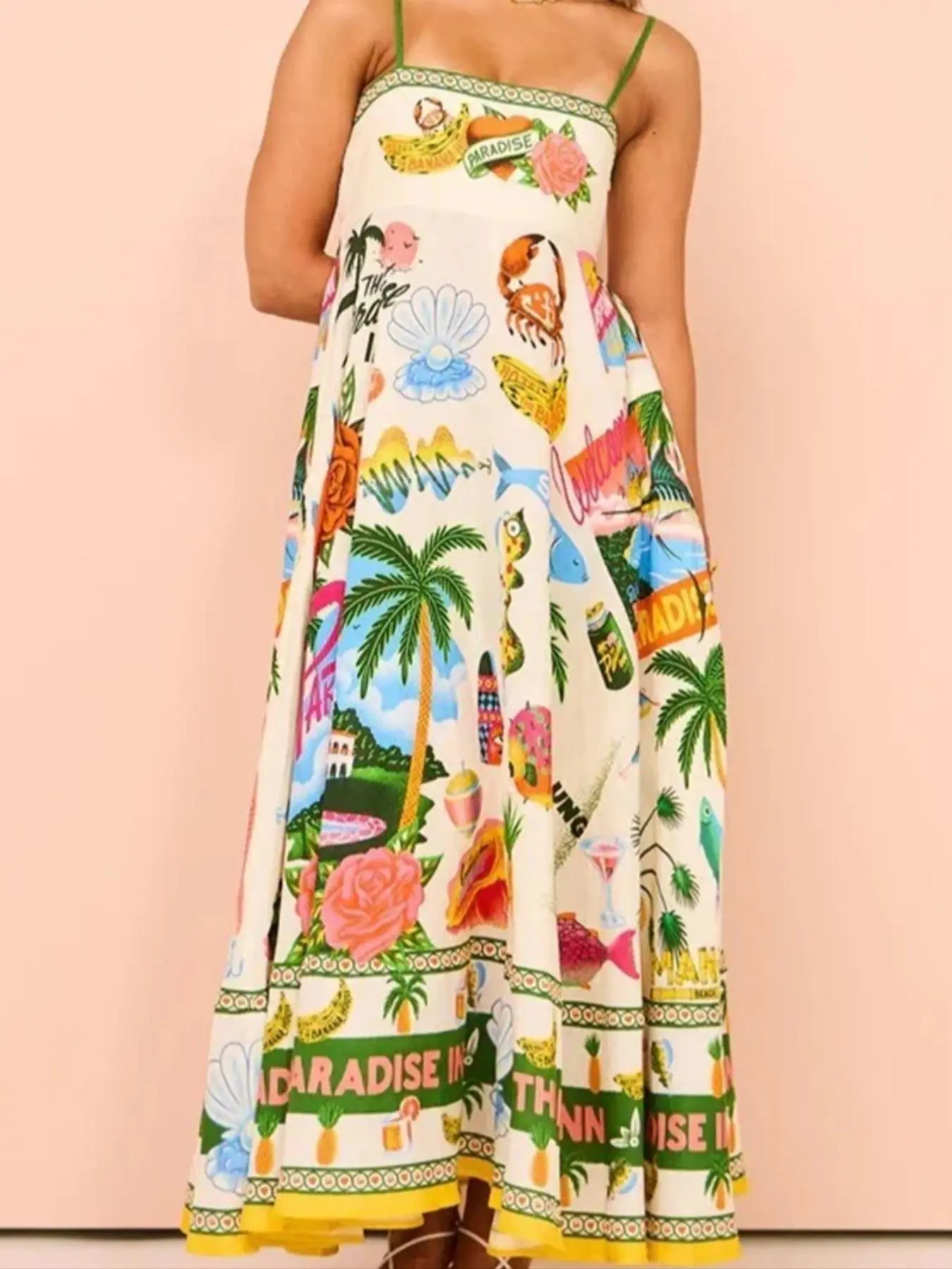 Women's All Over Landscape Print Shirred Cami Dress, Bohemian Beach Dress Beachwear Dress Casual Palm Tree & Marine Life Graphic Sleeveless Spaghetti Strap Long Dress for Beach Holiday Vacation, Ladies Clothes for All Seasons