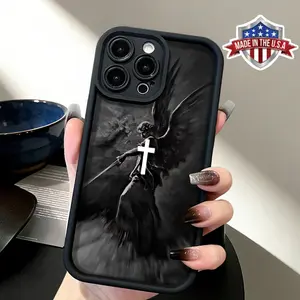 Cool Dark Angel Cross Artistic Aesthetic Design Silicone Waterproof Phone Case for iPhone 17, 16, 15, 14 Pro Max, 13, 12, 11, XR, XS Plus; Air Slim, Lightweight, Shockproof, Anti-Drop, Protective, Durable TPU Cover