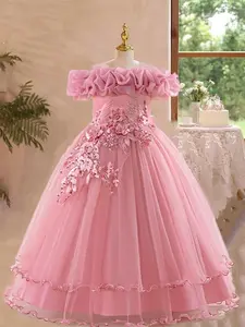 Girl's Floral Embroidery Off Shoulder Tulle Party Princess Dress, Elegant Sequin Tutu Dress for Birthday Host Piano Recital, Kids Clothes for Summer