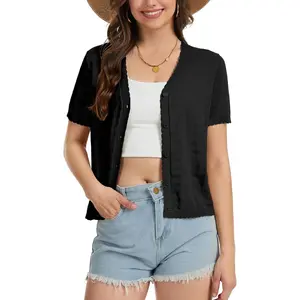 Sleeve Crochet Summer Cardigan Lightweight Open Front Cropped Button Up Sweater V Neck Hollow Out Beach Tops