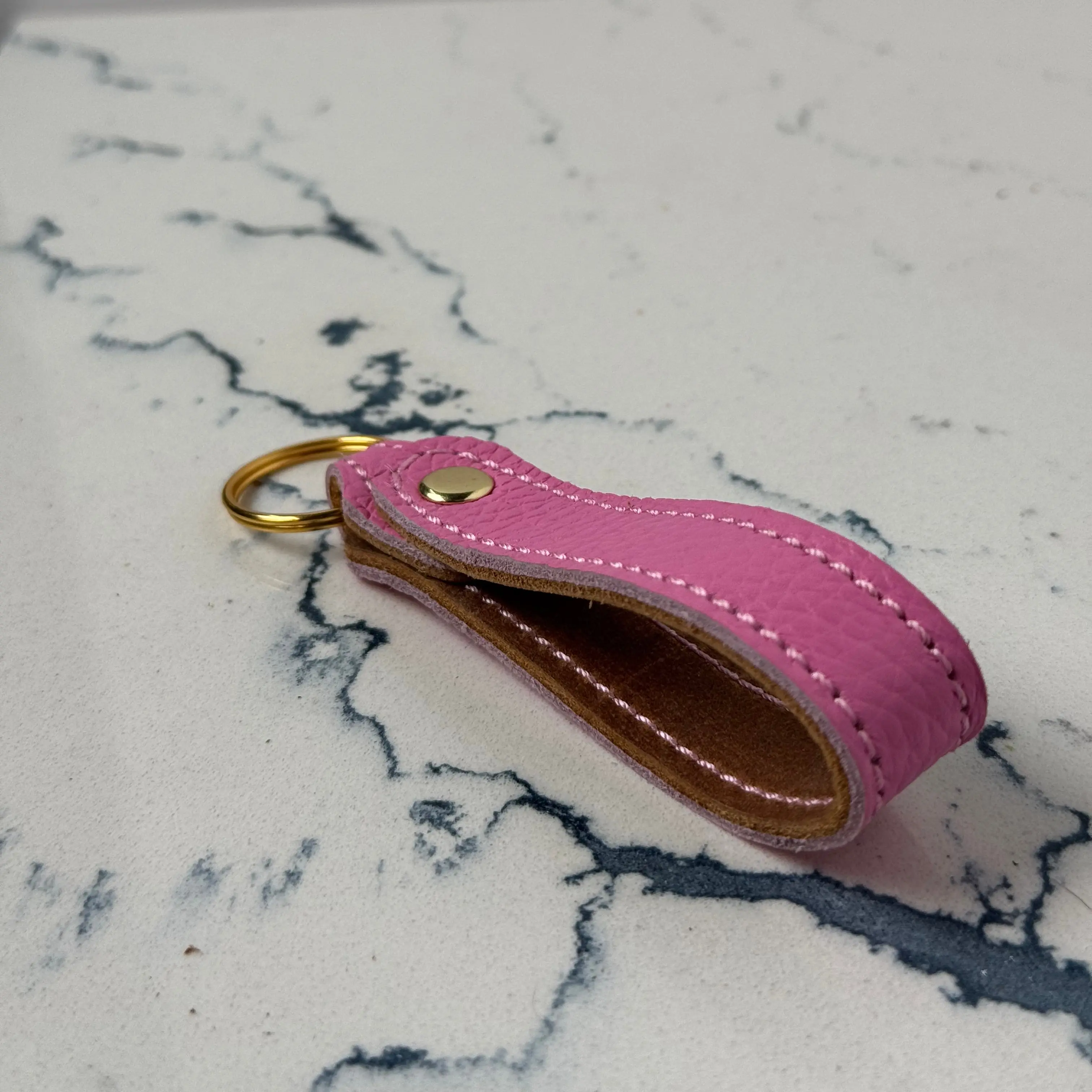 Flamingo Pink Genuine Italian Pebble Leather Keychain with Brass Hardware
