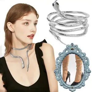 2pc Snake Choker Necklace Bracelet Retro Adjustable Snake Choker Necklace Curved Design Full Rhinestone Accessories Halloween Fashion Jewelry