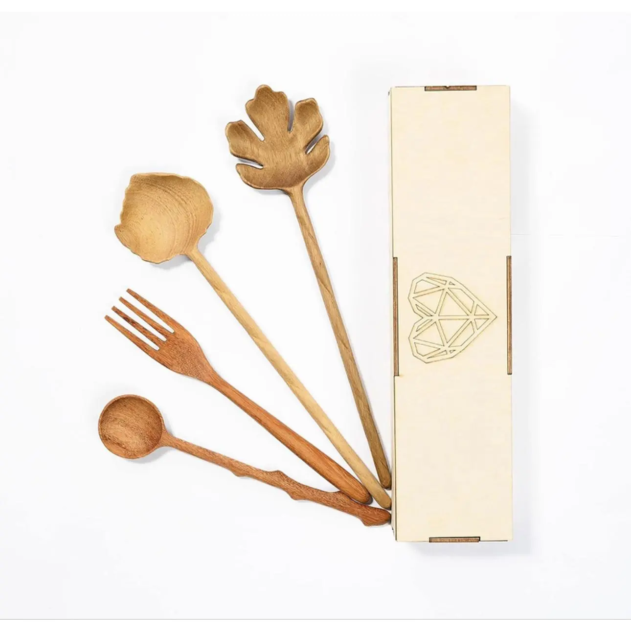 JABIHOME 4-Piece Solid Wood Handcarved Modern Wooden Spoons and Forks Set, Ready-Gift Boxed Thanksgiving Gift for Women (Kitchenware Cutlery & Tableware)